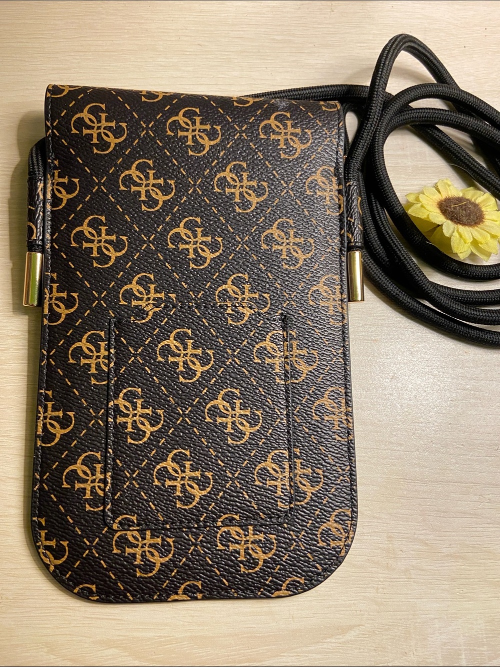 GUESS Brown Monogram Phone Crossbody with Gold Logo - Picture 3 of 5